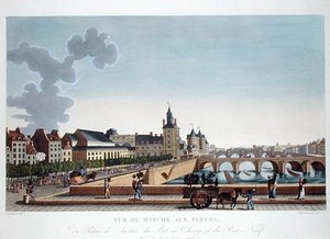 司法宫旁的花市景观，约1816-20年（彩色版画）