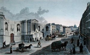 圣日耳曼大街上的喷泉景观，由格林伯格亨雕刻，约1815-20年（彩色雕刻）。