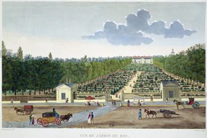从奥斯特利茨桥看巴黎国王花园，由克劳德-福尔蒂埃（1775-1835）刻制（彩色雕刻）。