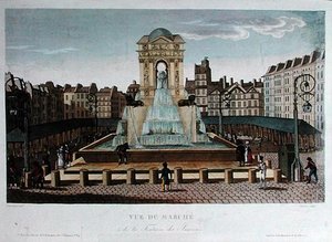 Marche des Innocents的景色，由Eugene Dubois雕刻，约1815-20（彩色雕刻）。