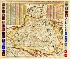 波兰地图包括利沃尼亚和莫斯科大公国部分 par Chatelain, Henri Abraham (1684-1743)。蚀刻版画、水彩画 作者 亨利·亚伯拉罕·查特兰