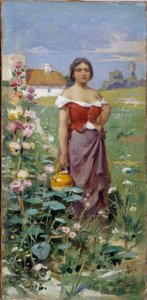 年轻女子穿着吉普赛人的衣服在田野里。 阿德里安·亨利·塔努 (Adrien Henri Tanoux)（1865-1923）20 世纪的绘画 强制提及：马赛普罗旺斯收藏基金会
