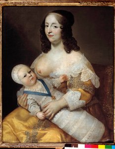 未来国王路易十四（1638-1715）婴儿的代表，穿着泳衣在他的护士 Marie de Longuet de la Giraudiere 的怀里 女人的乳房被发现并准备给孩子喂奶。 查尔斯 (1604-1692) 和亨利 (1603-1677) 的绘画