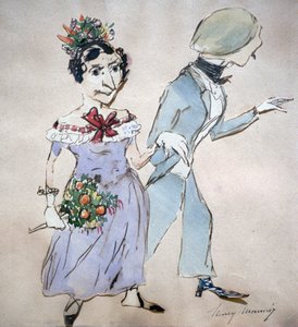 手持花束的情侣亨利-莫尼埃（1805-1877 年），法国漫画家，水彩画。男人 女人