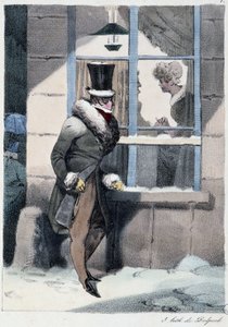 Curious man looking out the window inside a house: “” Everyone takes his pleasure where he finds him”” - in “” Les pastemps”” by Henri Monnier, ed. Delpech, Paris 作者 亨利·邦纳维特·蒙尼尔
