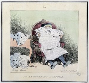 阅读报纸 - 在 Henri Monnier 编的“”Esquisses parisiennes”中。 德尔佩奇, 巴黎 作者 亨利·邦纳维特·蒙尼尔