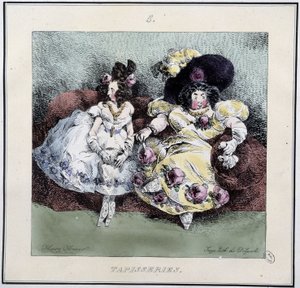 Ugly women doing “” tapestry”” sitting in a living room - in “” Parisiennes” by Henri Monnier, ed. Delpech, Paris