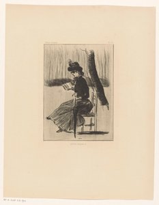 外面椅子上拿着一本书和一把雨伞的女人 Petits Croquis 5（物品上的标题） 作者 亨利·布特（Henri Boutet）