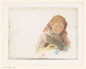 提着篮子的女孩在花草甸 作者 Henri Charles Guérard（艺术家签名）
