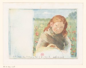 草地上提着篮子的女孩 作者 Henri Charles Guérard（艺术家签名）