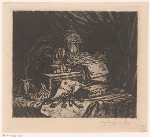 有钥匙和灯笼的静物 作者 Henri Charles Guérard（艺术家签名）