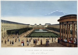 皇宫花园，约1820年--载于Courvoisier的《巴黎风光》。 作者 亨利·库沃西耶·沃辛（Henri Courvoisier-Voisin）