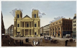 圣厄斯塔什教堂，约1820年--载于库瓦西耶的《巴黎风光》。 作者 亨利·库沃西耶·沃辛（Henri Courvoisier-Voisin）