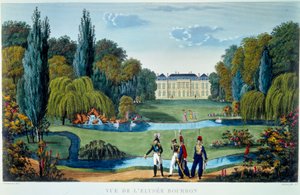 波旁爱丽舍宫（Elyse-Bourbon）和花园的景色。Courvoisier于1815-1820年绘制的版画，载于 "巴黎风景"。 作者 亨利·库沃西耶·沃辛（Henri Courvoisier-Voisin）