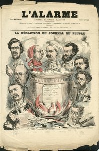 亨利-德马雷（Henri Demare，1846-1888）为《警钟》封面创作的插图--起草人、新闻/媒体、验证人的日期--亨伯特-阿尔伯特、卡斯-热尔曼、阿诺德-阿瑟、记者、德方维勒-乌尔里克、卡瓦利-乔治、诺尔-L、穆罗-E、恩内-F、麦特-G 作者 亨利·迪马雷