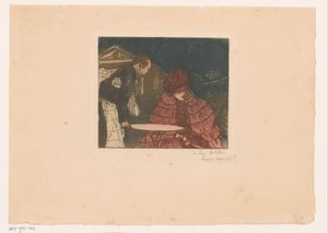 露台上的女子与服务员 作者 Henri Evenepoel（艺术家签名）