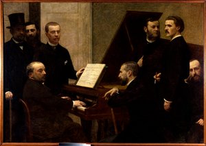 钢琴周围 从左到右依次是 Emmanuel Chabrier、Edmond Maitre 和 Amedee Pigeon。 站立，阿道夫·朱利安、亚瑟·布瓦索、卡米尔·贝诺瓦、安托万·拉斯科和文森特·德印迪。 Henri Fantin Latour (1836-1904) 1885 年作画。 1,6x2,22 m 作者 伊格纳斯·亨利·让·范坦·拉图尔