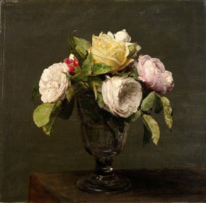 有脚玻璃杯中的玫瑰花，1873年。 作者 伊格纳斯·亨利·让·范坦·拉图尔
