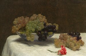 有葡萄和康乃馨的静物，约1880年。 作者 伊格纳斯·亨利·让·范坦·拉图尔