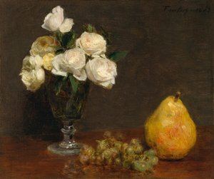 玫瑰与水果静物画，1863年。 作者 伊格纳斯·亨利·让·范坦·拉图尔