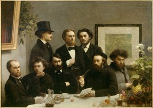 桌角 代表从左到右 Paul Verlaine、Arthur Rimbaud、Elzear Bonnier、Leon Valade、Emile Blemont、Jean Aicart、Ernest d