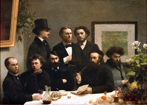 桌角：从左到右：Paul Verlaine、Arthur Rimbaud、Elzear Bonnier、Leon Valade、Emile Blemont、Jean Aicart、Ernest d