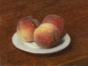 盘子上的三个桃子，1868年。 作者 伊格纳斯·亨利·让·范坦·拉图尔