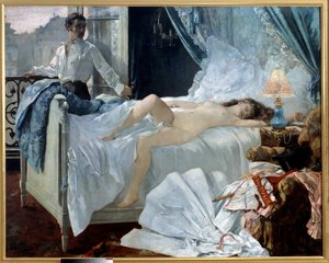 罗拉。 一对情侣在卧室里，女人裸睡，男人在窗边看着她。 Henri Gervex (1852 - 1929) 的绘画。 1878. 昏暗。 1,75 x 2,20 m 波尔多美术博物馆 - 罗拉。 一对夫妇在卧室里，女人正在睡觉