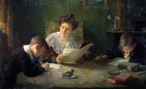 家庭作业 母亲帮助孩子们做家庭作业。 Henri Jamet (1858-1940) 的绘画，二十世纪奥尔良，美术博物馆 作者 亨利·贾梅特