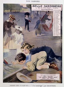孩子们在杜乐丽花园玩船，Jean Geoffroy（1853-1924），日历“Belle Jardiniere”，系列“Nos Jardins”，10 月，日期不详。 v.1900。