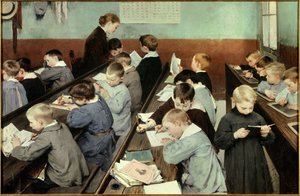 在课堂上，小孩子们的作品。 穿着校服的小男孩在教室里学习，有的阅读，有的在笔记本或石板上写字。 Jean Henri Jules Dit Geo Geoffroy 的绘画（1853-1924）