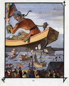 莱缪尔-格列佛与小人国的人告别了。乔纳森-斯威夫特（1667-1745）的《格列佛游记》插图