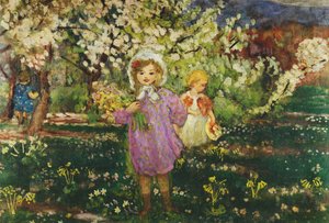 开花的果园里的孩子们；儿童果园盛开，1914年 作者 亨利·勒巴斯克