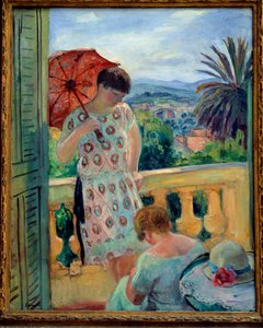 两个女人在阳台上或在阳台上，可以看到 Esterel。 亨利·勒巴斯克 (Henri Lebasque) (1865-1937) 的画作，1925-1926 年，布面油画，92.5 × 65 厘米。 里昂，美术博物馆 - 阳台或阳台上的两个女人，可以欣赏到 Esterel 的景色。 绘画亨利·莱巴斯