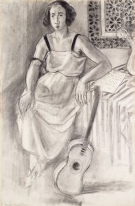 抱着吉他坐着的女人》，约 1921-23 年（纸上炭笔） 作者 亨利·马蒂斯