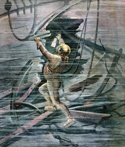 一位潜水员在法国拉阿弗尔海港搜寻残骸，1892年 作者 亨利·迈耶（Henri Meyer）