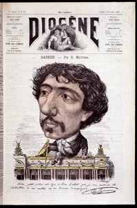 Charles Garnier 的卡通，坐在他的作品，Opera Garnier 上 - 来自 1867 年 2 月 11 日的“第欧根尼” 作者 亨利·迈耶（Henri Meyer）
