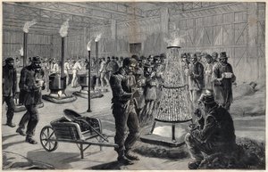 1891年香榭丽舍大街自由艺术宫的夜间庇护所--亨利-迈耶的绘图，纳维利埃在1891年 "杰出杂志 "上的雕刻。 作者 亨利·迈耶（Henri Meyer）