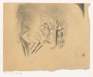 三位女士在工作室欣赏版画 作者 亨利·帕特里斯·狄龙（可能）