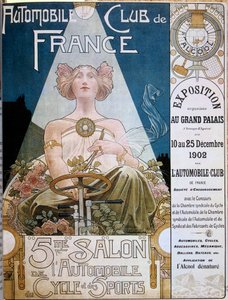 1902 年在巴黎大皇宫举行的第 5 届车展上的法国汽车俱乐部海报，Henri Privat-Livemont（1861-1936 年）的插图，凡尔赛宫，市政图书馆 - 第 5 届车展期间的法国汽车俱乐部海报 在