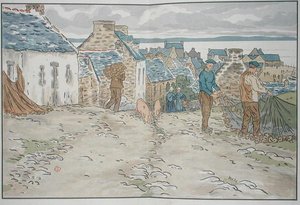 布列塔尼渔民正在整理渔网 作者 亨利·里维耶尔（Henri Riviere）
