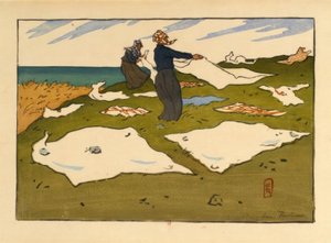 妇女在晾晒衣服（圣布里亚克）。 作者 亨利·里维耶尔（Henri Riviere）