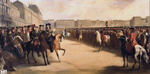 Tsar Peter I the Great of Russia (1672-1725) accompanied by the Regent Philip II Duke of Orleans (1674-1723) during his visit to France reviews the mounted troops at the Tuileries (Paris) on 16/06/1717 作者 亨利·塞鲁（Henri Serrur）