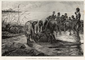 中非河岸边的一家河马肉店。 Henri Thiriat 为说明故事“La Mission Crampel”而雕刻，由 Albert Nebout (1862-1939) 创作，1890 年，在 Le tour du Monde 1892 中，由 Edouard Charton (1807-1891) 导演，宾夕法尼亚州阿歇特 作者 亨利·提里亚特