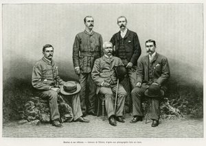 亨利-莫顿-斯坦利（John Rowlands 1841-1904）的肖像从左边开始围绕着他的官员。Thomas Heazle Parke博士（1857-93）、Robert H. Nelson、William G. Stairs和Arthur J. M. Jephson。瑟里亚特的雕刻作品，为故事《Dans les tenebr》作插图。 作者 亨利·提里亚特