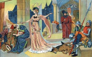 费用魔杖对城堡里的居民施咒，让他们睡得和公主一样长。 “La belle au bois dormant”，查尔斯·佩罗（Charles Perrault，1628-1703）的故事（睡美人）插图亨利·蒂里埃（Henri Thiriet，1873-1946）。 约1930年