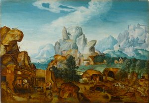带有锻造装置的岩石景观 《飞往埃及》，1550年前。 作者 亨利·德·赫里遇见德·布莱斯