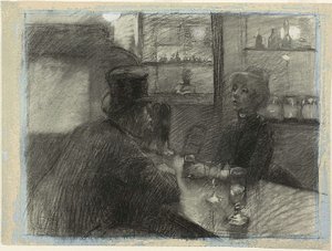 罗马街咖啡馆的酒吧，c.1886（蓝色编织纸上的木炭和白色粉笔）