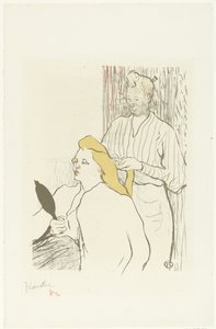 理发师手持镜子为坐着的妇女梳头
Le coiffeur Programme du Théâtre Libre