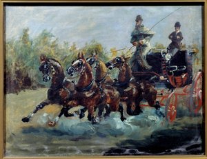 图卢兹·劳特雷克（Toulouse Lautrec）的阿方斯（Alphonse）驾驶电子邮件教练。邮件教练是一辆四匹马的轿车，在汽车顶部有几排座位。 Henri de Toulouse Lautrec的绘画 作者 亨利·德·图卢兹·劳特雷克